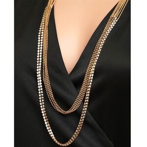 Gold Tone Multi Strand Rhinestone Layered Statement Necklace Adjustable Chain